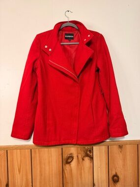 Express Women's Red Asymmetrical Zip Peacoat